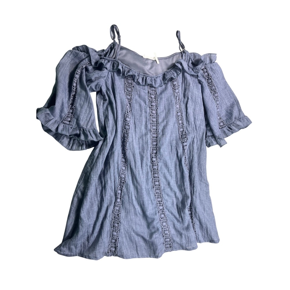 Blu Pepper Womens M Blue Cold Shoulder Tunic Top Crochet Lace Ruffle Boho